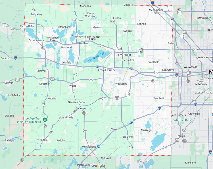 Water softener salt delivery service location map for Waukesha County and Milwaukee County in Wisconsin.